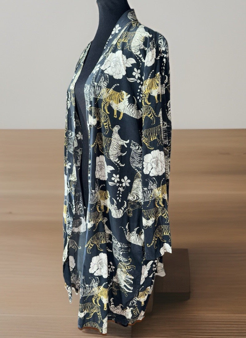 Johnny Was L 100% Silk KIMONO Black Tiger Print Cats Duster Lightweight Jacket Johnny Was