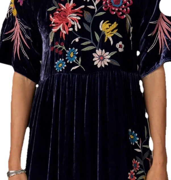 JOHNNY WAS L Dark Midnight Blue Velvet Midi Dress Tiered Embroidered Maxi Johnny Was