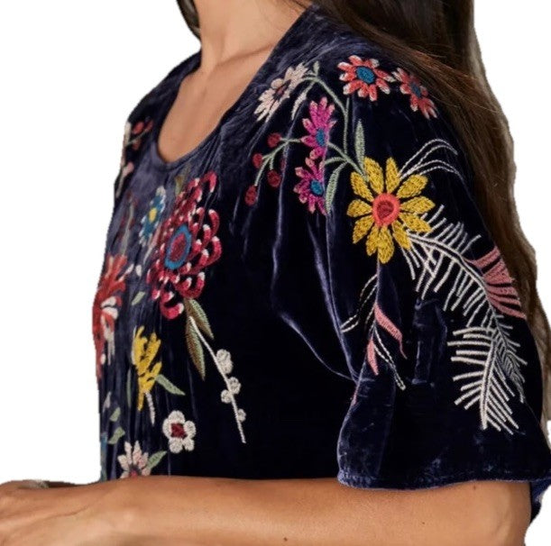 JOHNNY WAS L Dark Midnight Blue Velvet Midi Dress Tiered Embroidered Maxi Johnny Was