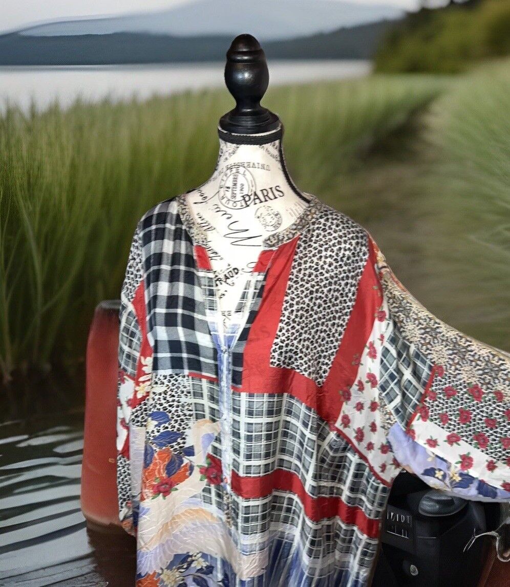 Johnny Was 3X 3XL 100% Silk Tunic Top Kimono Crane & Plaid Patchwork