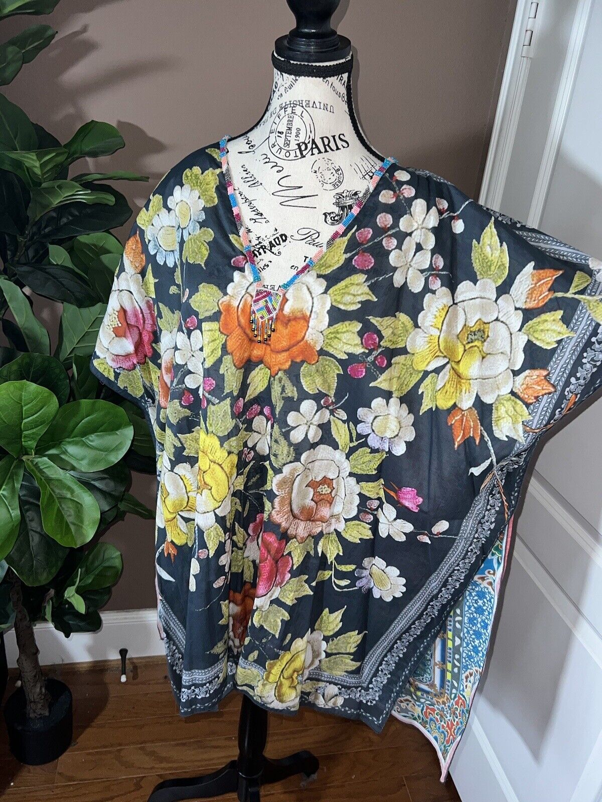 Johnny Was O/S Kimono Wrap Top Cover Up Beautiful Back & Beading Summer One Size