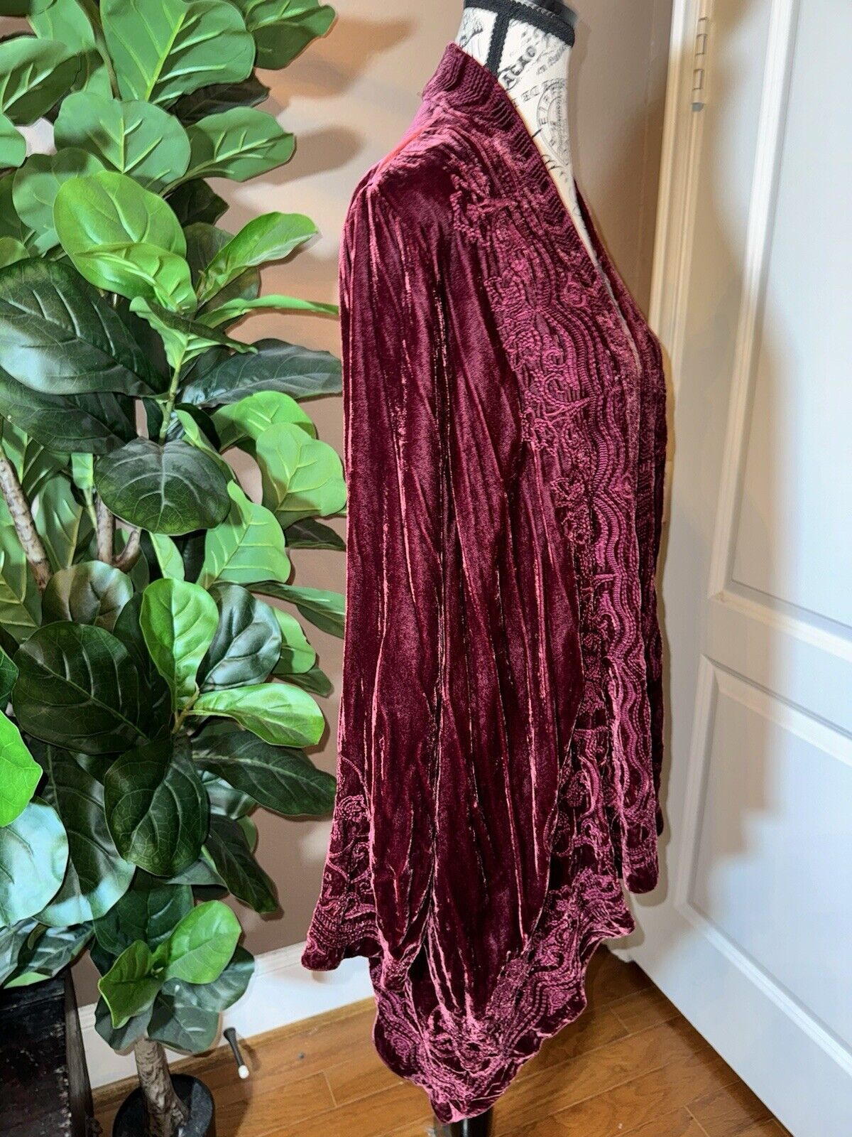 Johnny Was L Deep Wine Red Velvet Kimono Wrap Cardigan Tonal Embroidery