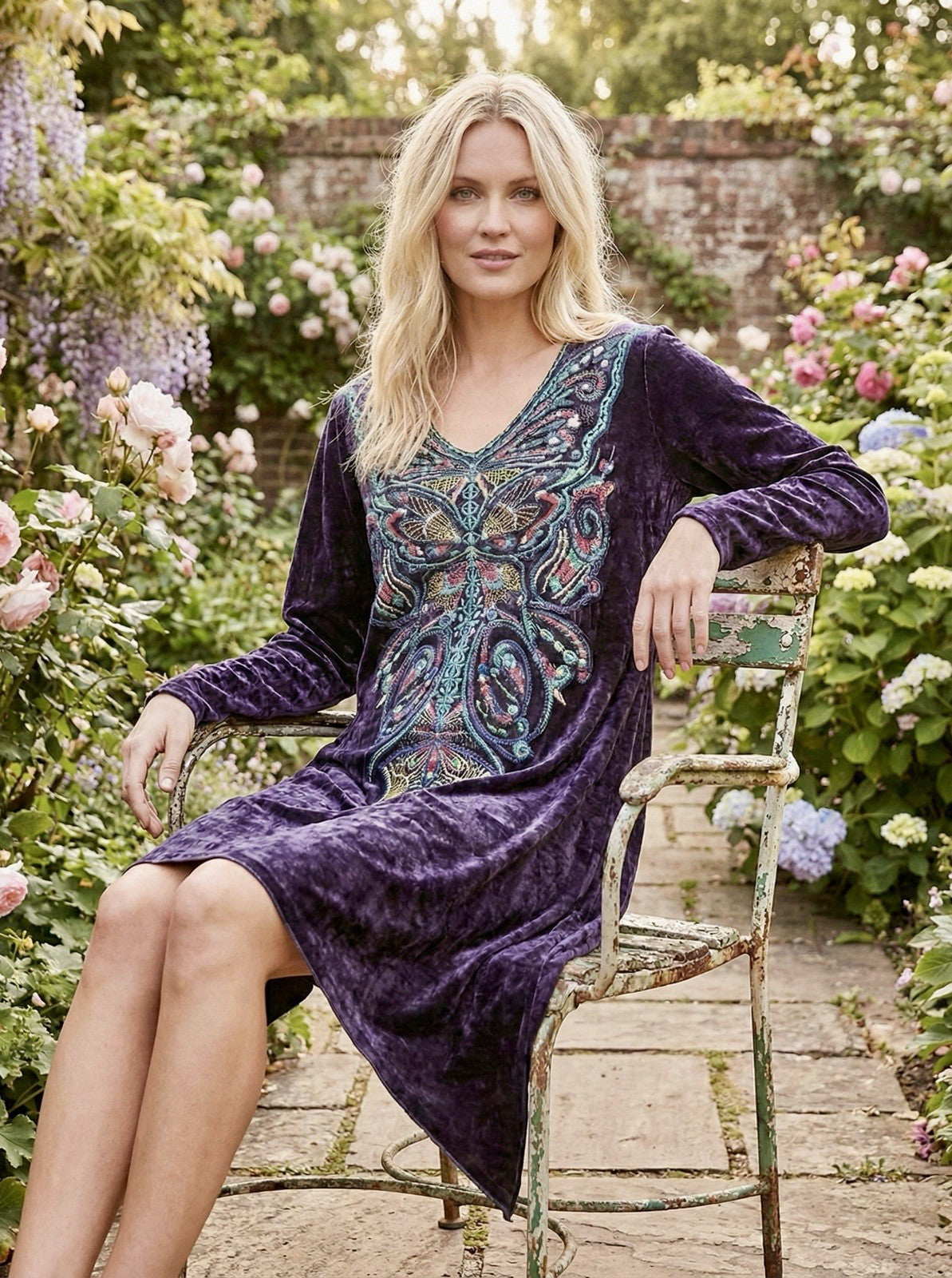 Johnny Was M Deep Purple Velvet Mini Shift Dress Butterfly Embroidered Tunic Top Johnny Was