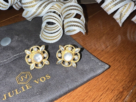 Gorgeous Julie Vos Earrings Clear And Iridescent Crystals 24k Gold Plate Stud