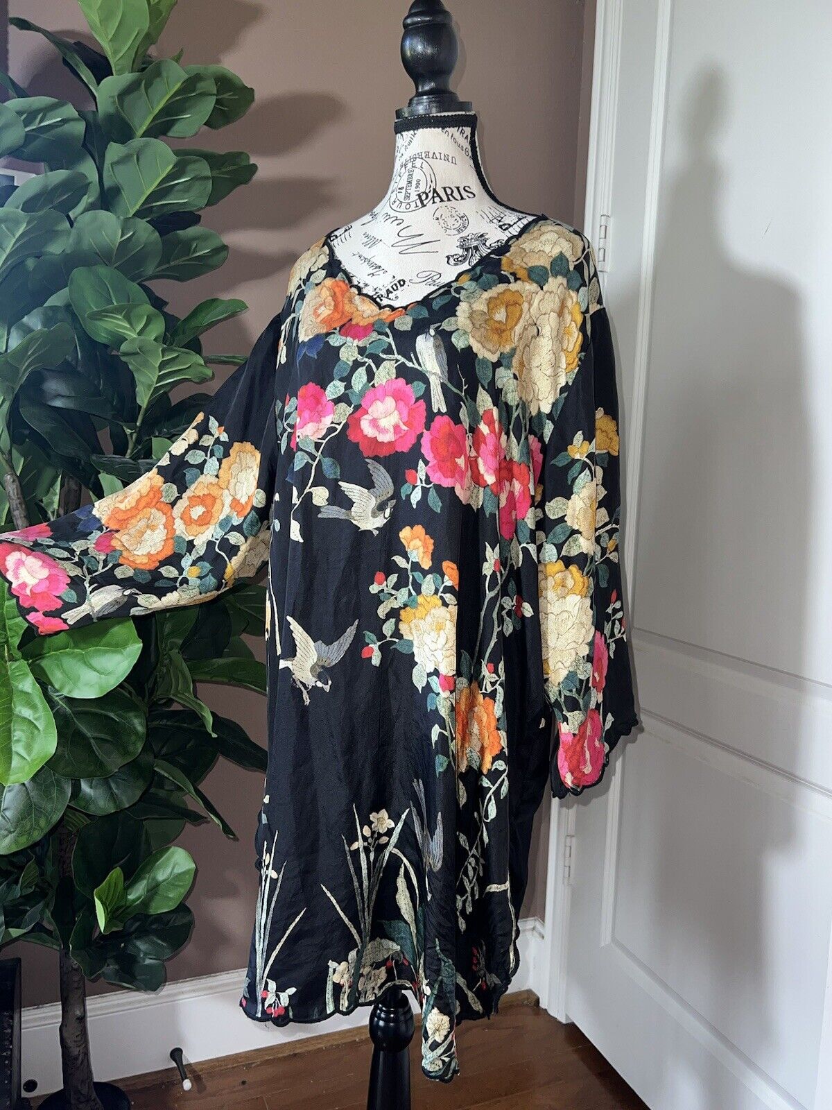 100% Silk Johnny Was Black Tunic Top Or Mini Dress XXL 2X 2XL Birds & Flowers