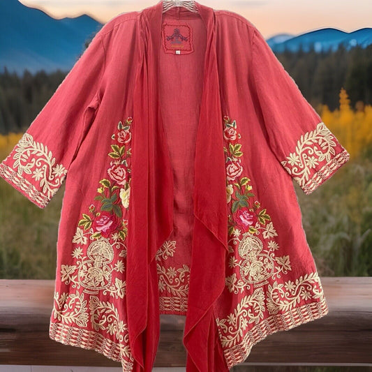 Johnny Was Sz L Large Embroidered Pink Kimono Linen With Silk Trim