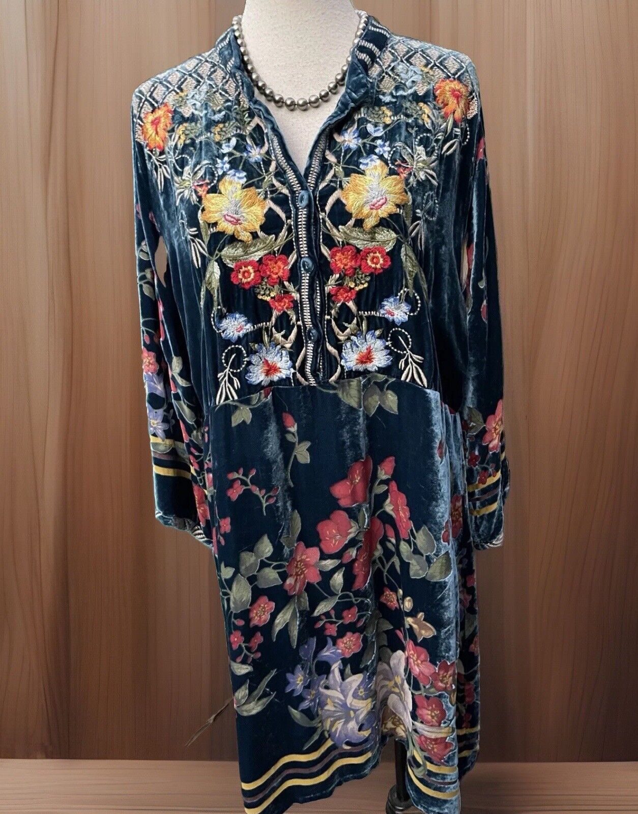 Johnny Was L Large Blue Velvet & Silk Mini Dress Babydoll Floral Burnout