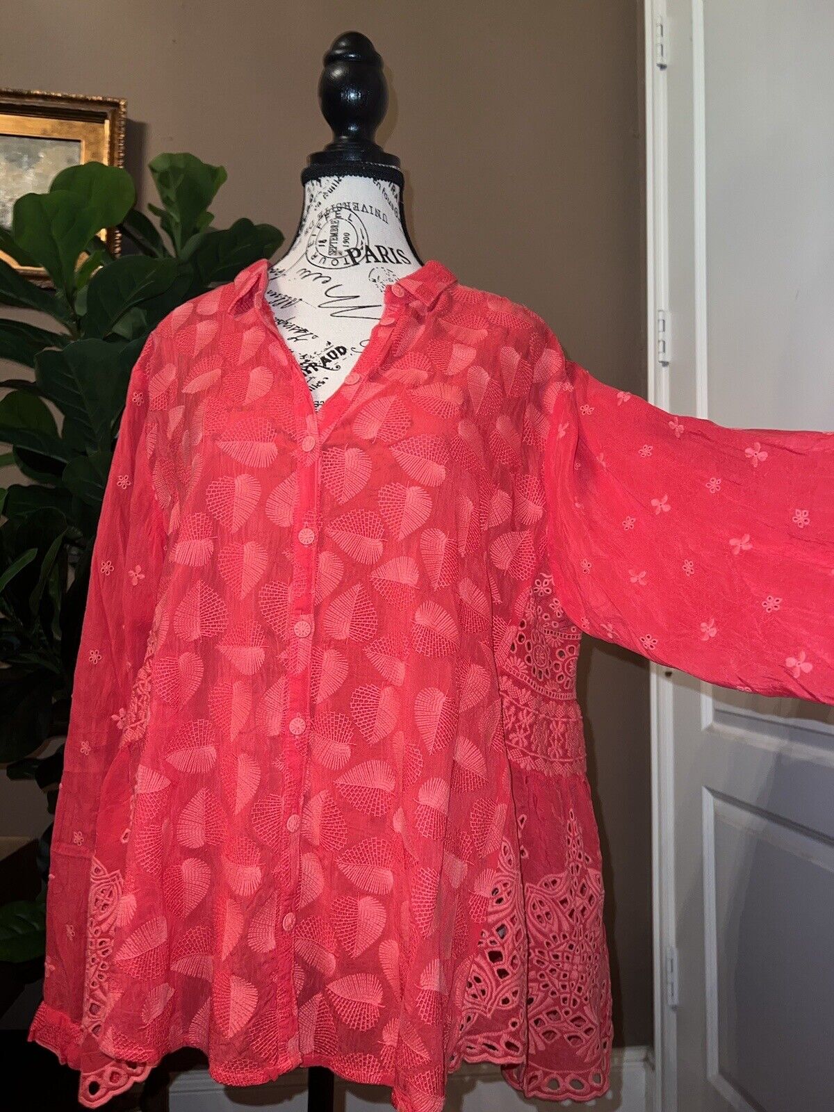 Johnny Was Sz XL Silky Coral Red Tunic Top Eyelet Embroidery