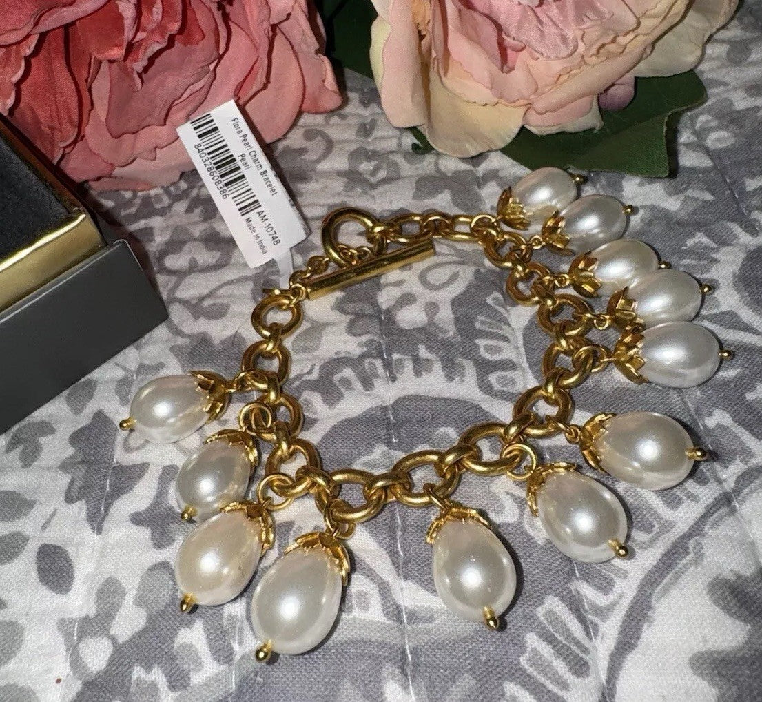 Julie Vos Pearl Charm Link Bracelet Toggle 24k Gold Plated   RETIRED Julie Vos