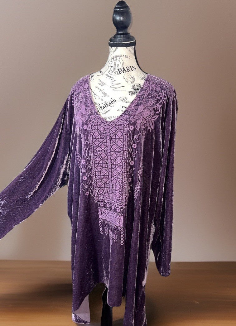 Johnny Was 3X 3XL  Purple Plum Velvet Tunic Top Mini Dress Tonal Embroidery Johnny Was
