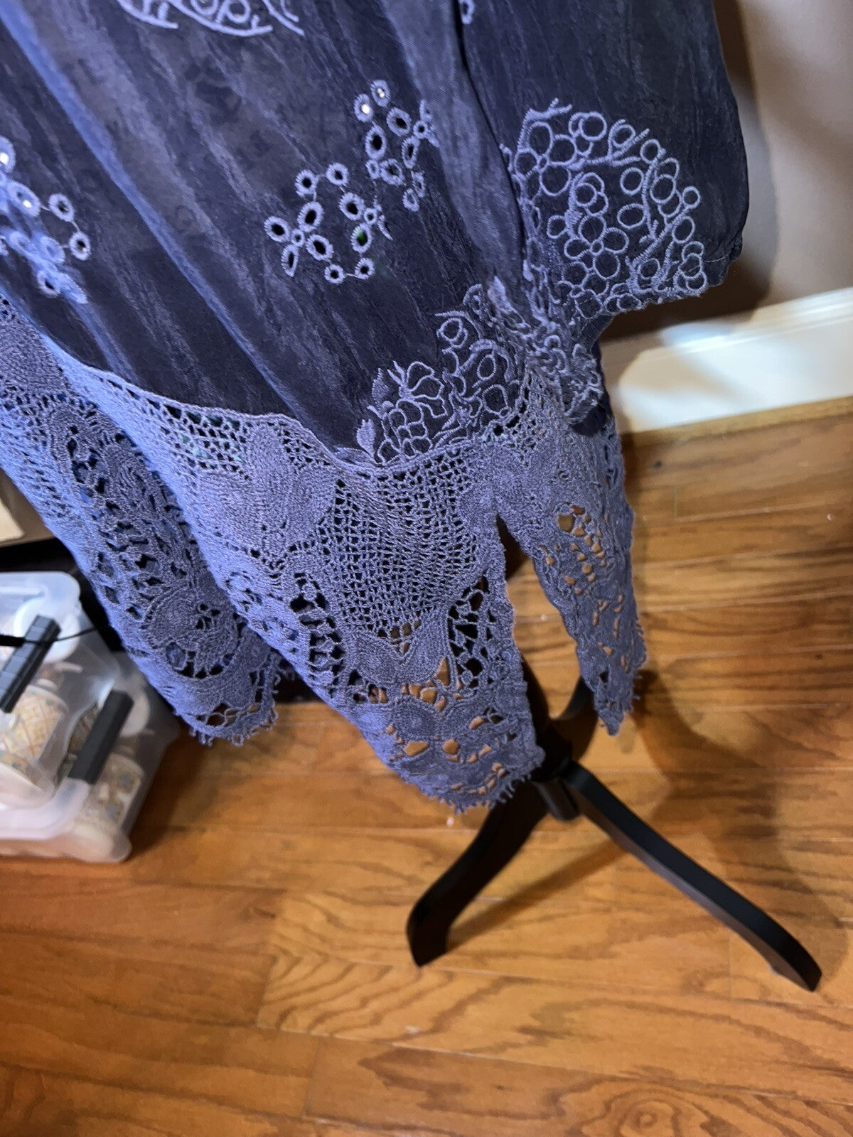 Johnny Was M Medium Navy Blue Shift Mini Dress Lace Embroidered Silky Tunic Top Johnny Was