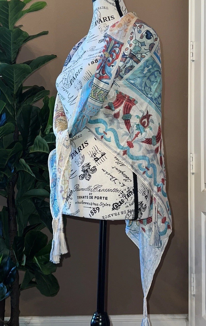 Johnny Was Silk Scarf w/ Tassels & Roses Beautiful Condition Johnny Was