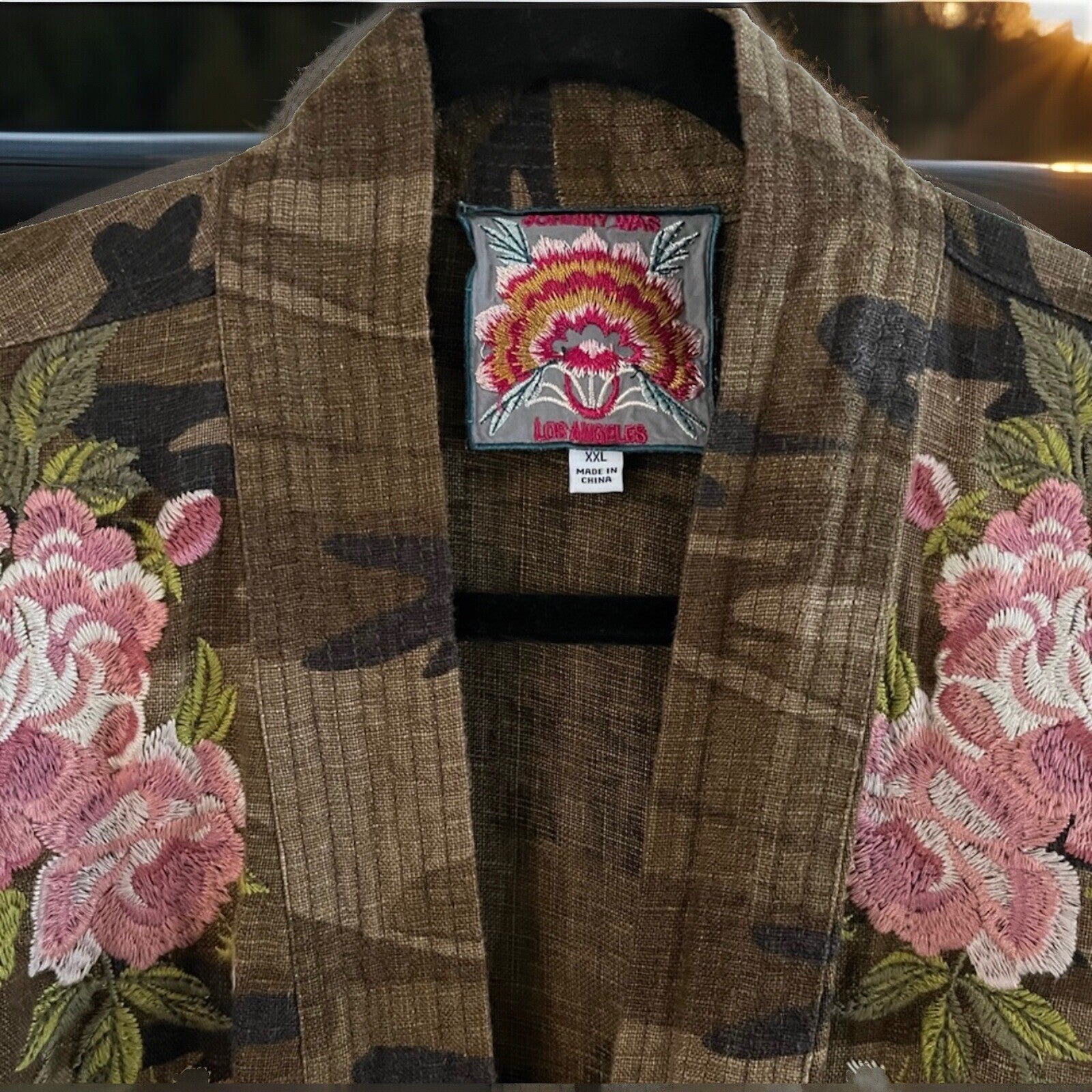 Johnny Was XL Linen Camo Embroidered Kimono Top Wrap Jacket Coat *NO BELT Johnny Was