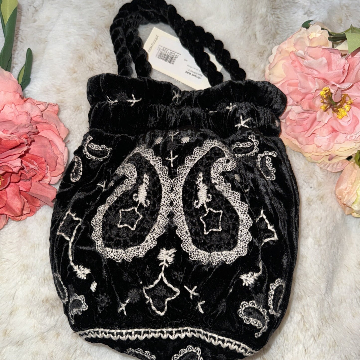 Johnny Was Black Velvet Embroidered Hobo Bag Tote Purse Pink Roses & Paisley Johnny Was