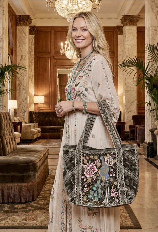 Johnny Was Large Grey Velvet Hobo Bag Tote Purse Peacock Embroidered Crossbody Johnny Was