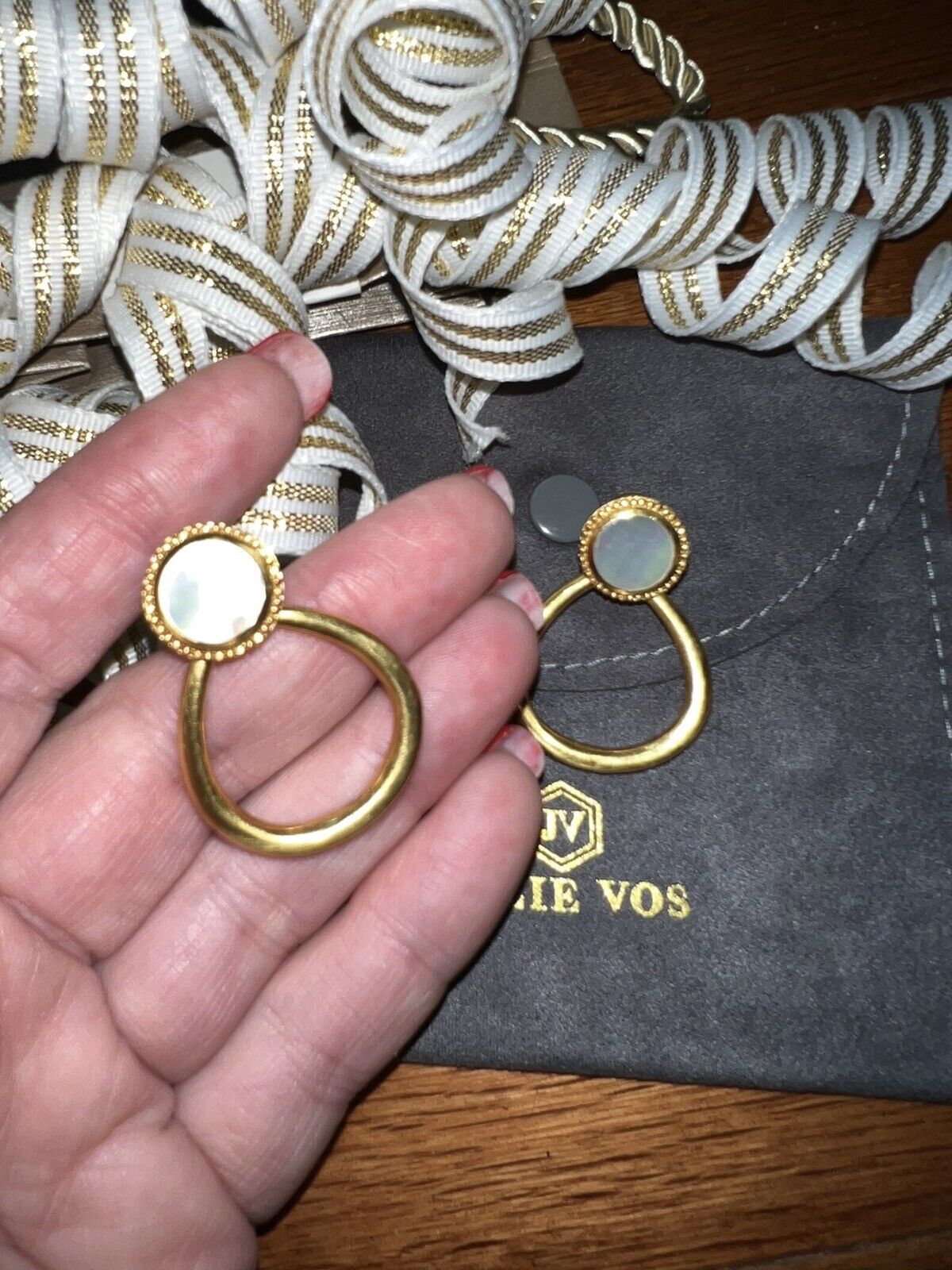 Julie Vos Mother Of Pearl Hanging Hoops 24k Gold Plate Earrings