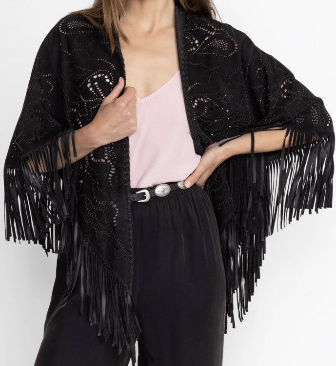 Johnny Was S/M Black Suede Leather Poncho Laser Cut Kimono Wrap $998 Retail Johnny Was