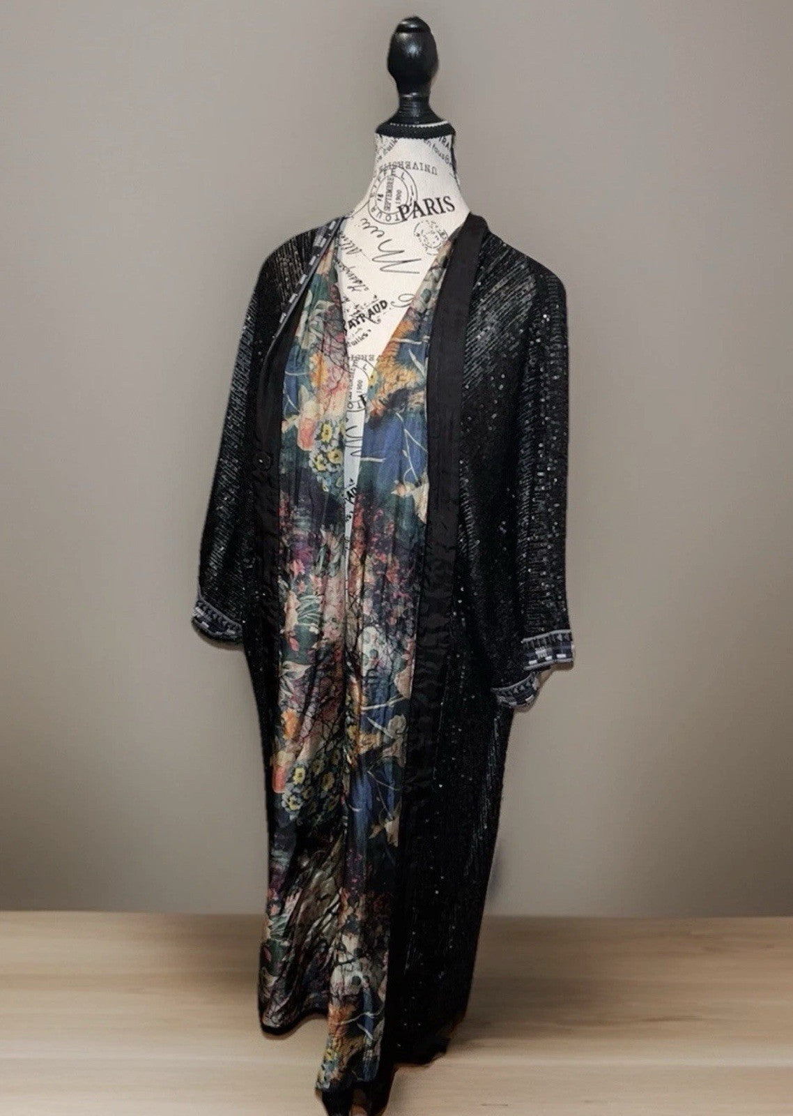 Johnny Was Sz L Black 100% Silk & Sequins KIMONO Long Duster Coat REVERSIBLE Johnny Was