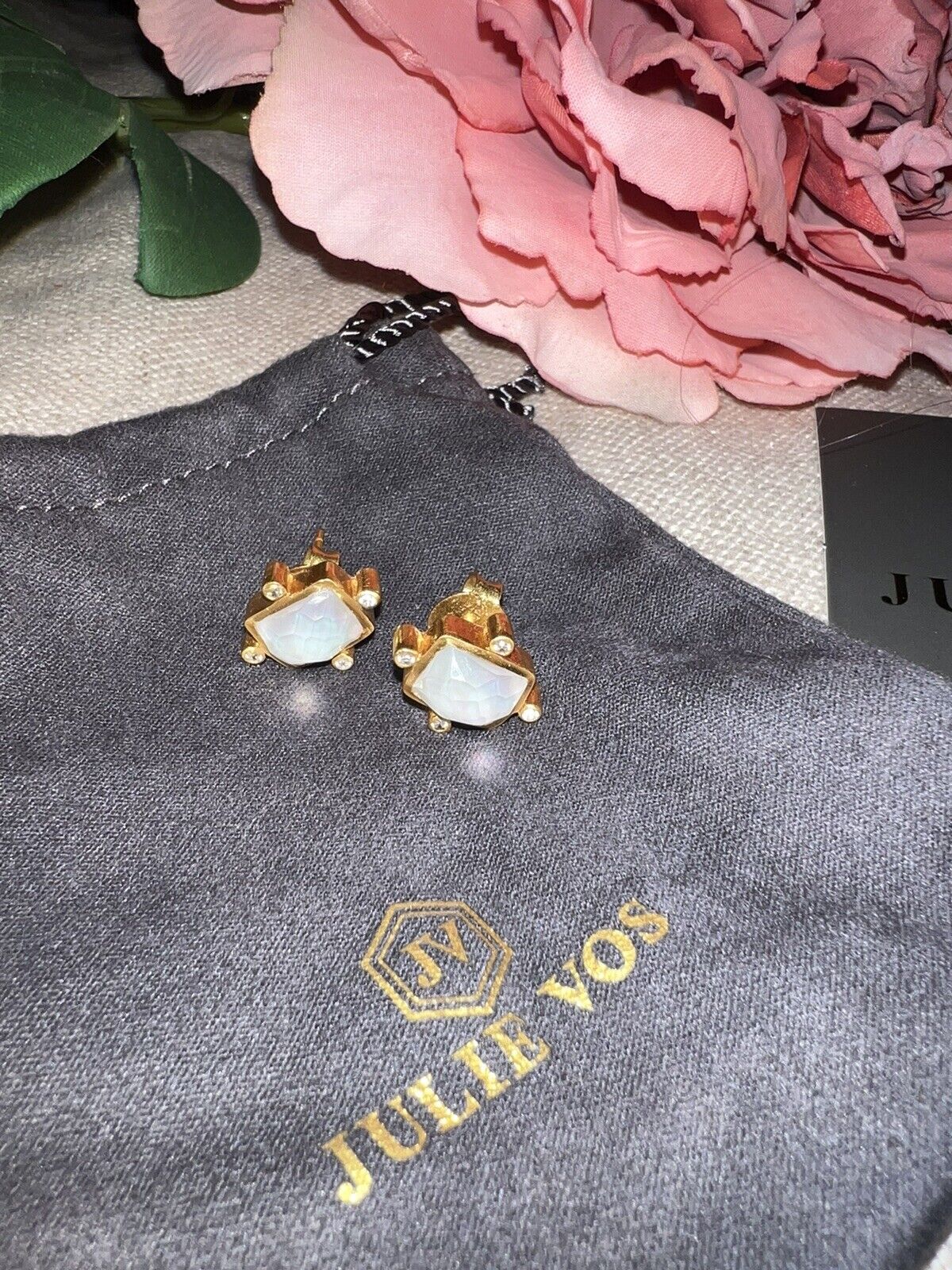 Julie Vos Iridescent Clear Stud Earrings 24k Gold Plated   CLASSIC