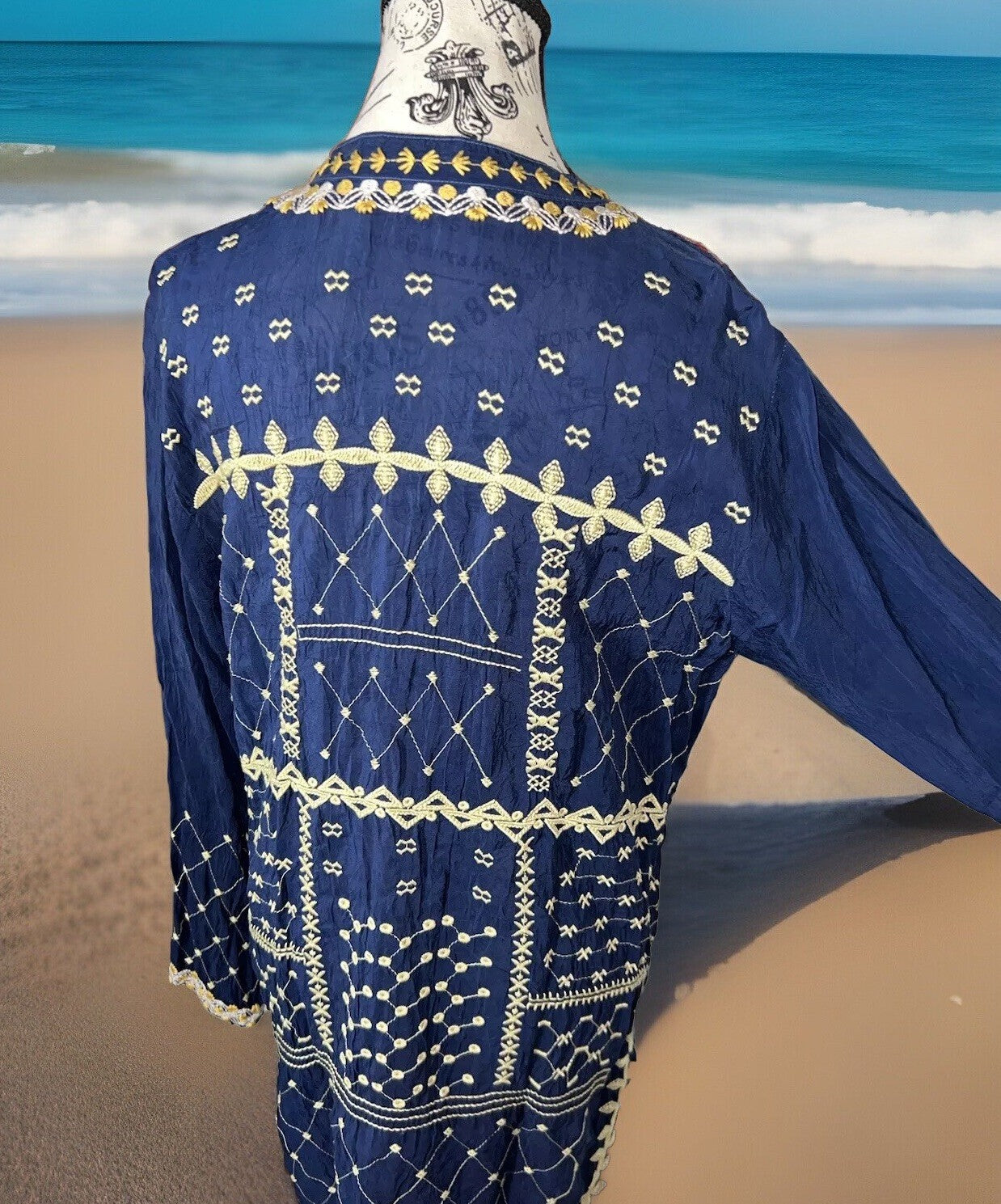 EuC Johnny Was L Large Blue Embroidered Tunic Top Mini Dress Floral RETIRED Johnny Was