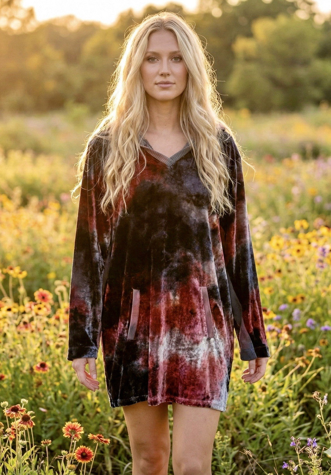 Johnny Was L Large Black & Red Velvet Hoodie Pullover Sweatshirt Tunic Top WARM Johnny Was