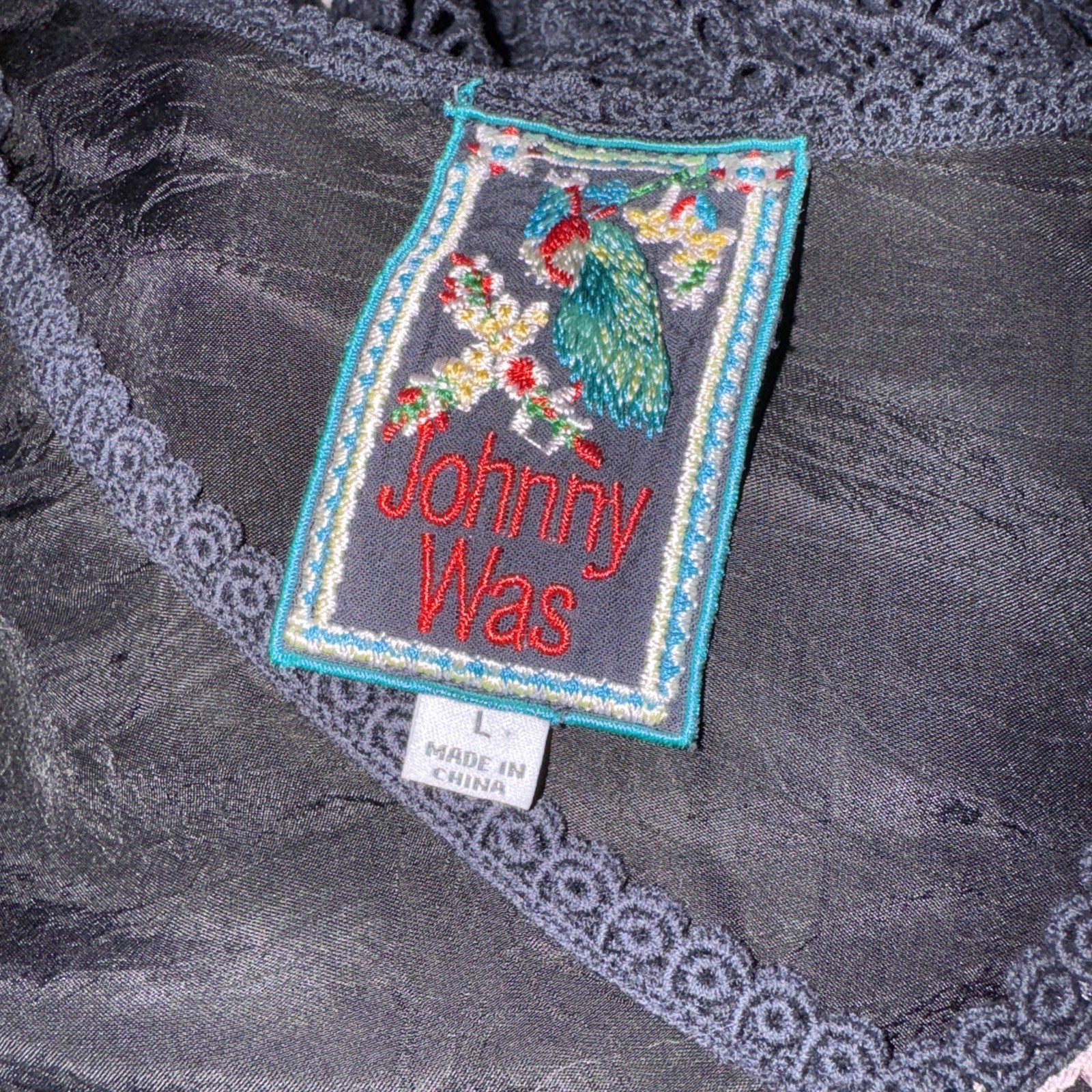 Johnny Was L Black Peasant Blouse Tunic Top Embroidered Lightweight Cool BOHO Johnny Was