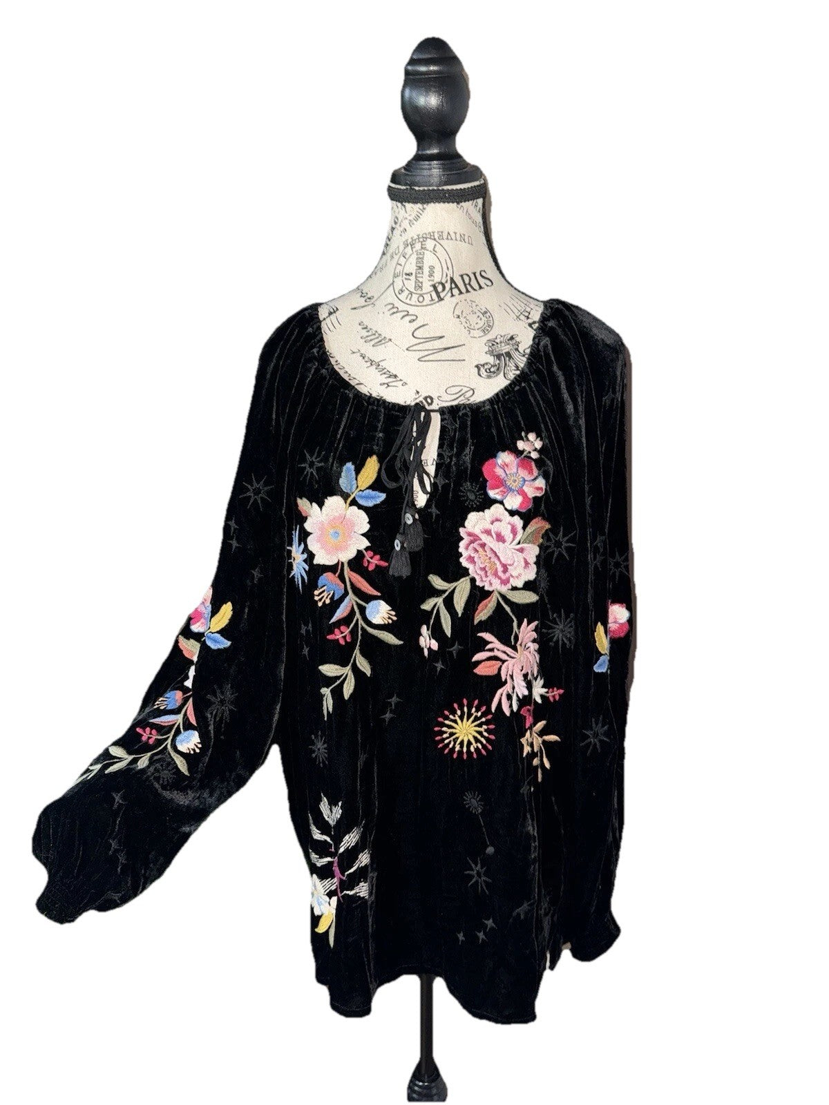 Johnny Was L Large Black Velvet Roses & Stars Embroidered Peasant Tunic Top Johnny Was