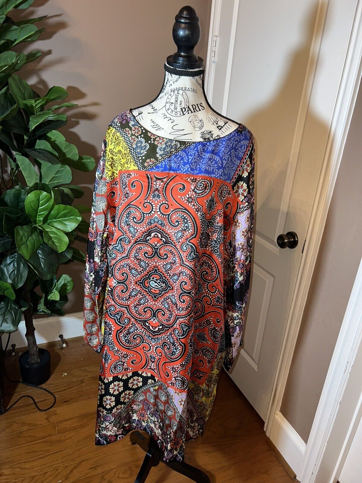 Johnny Was 100% Silk Patchwork Pattern Tunic Top /Mini Dress Sz XXL (2X 2XL)