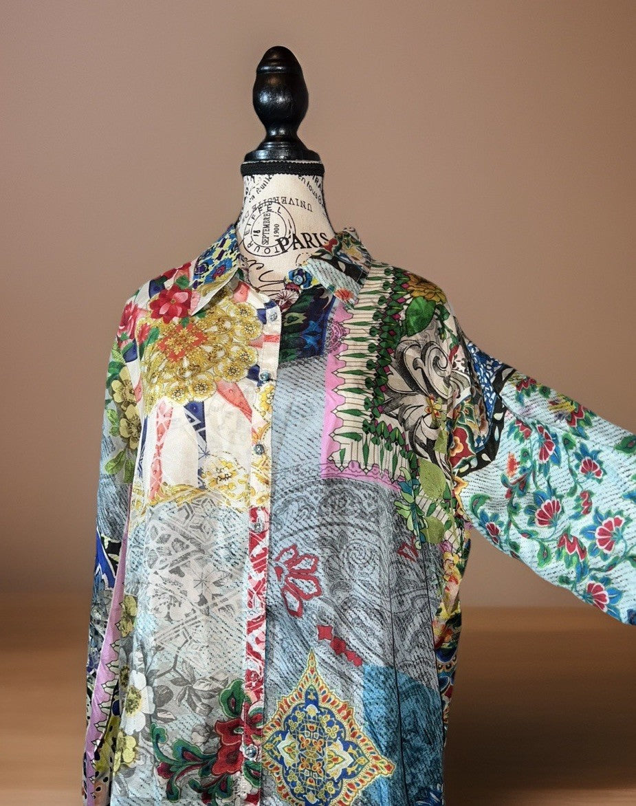 Johnny Was XL 100% Silk Button Up Blouse Long Sleeve Tunic Top Shirt Lightweight Johnny Was