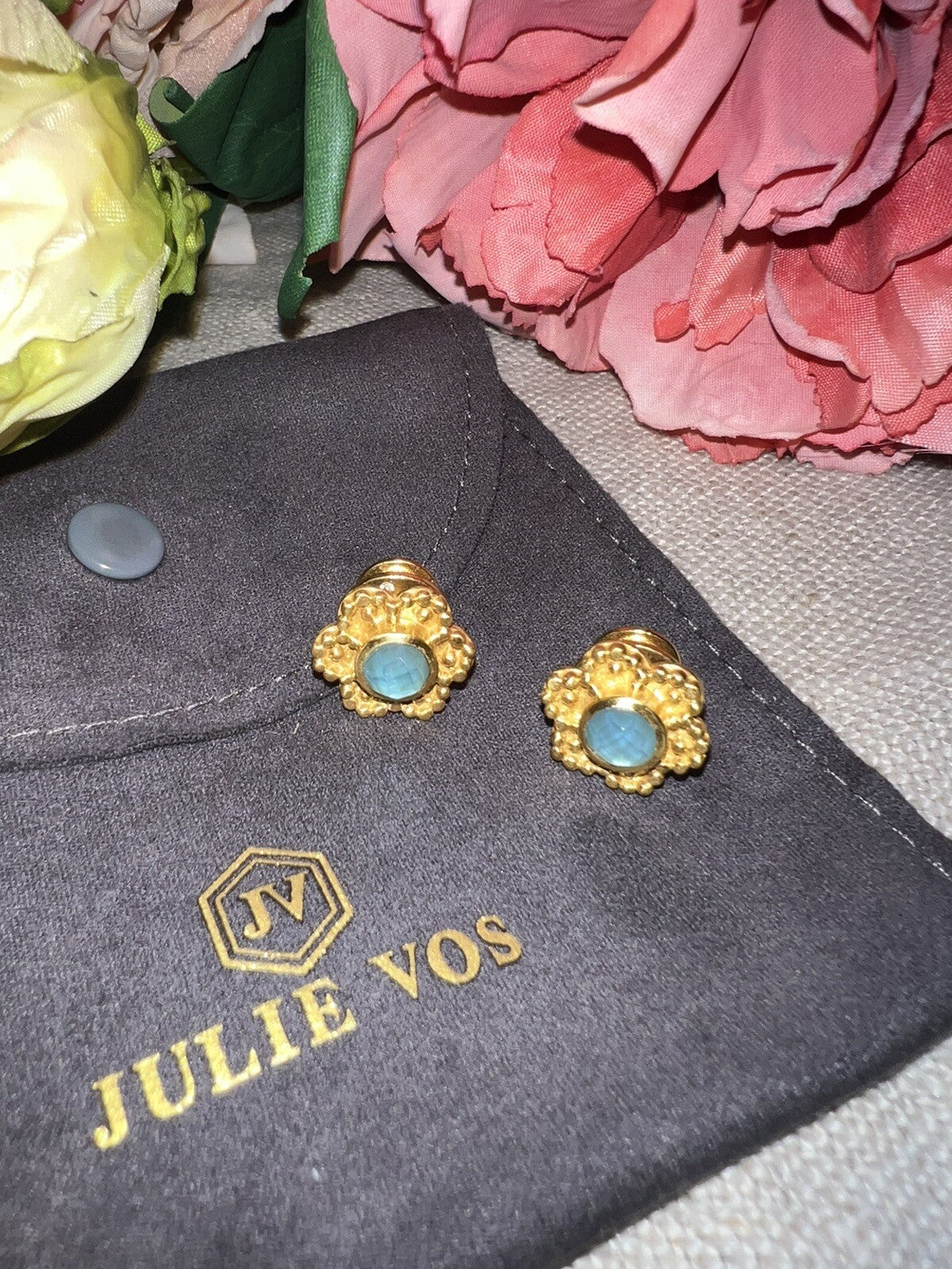 Julie Vos Iridescent Blue Stud Flower Earrings 24k Gold Plated   CLASSIC Julie Vos