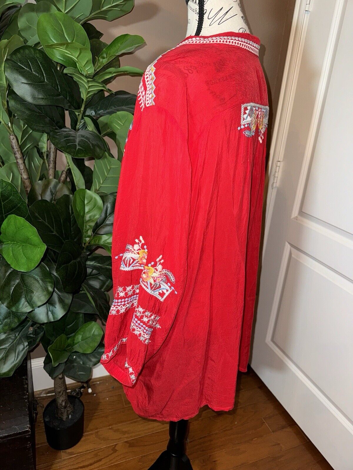 Johnny Was 3x 3XL Tunic Top Red Silky Handkerchief Hem Peasant Blouse