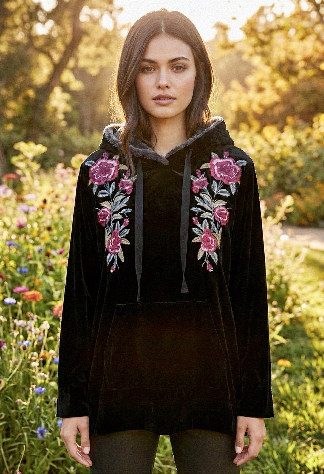 Johnny Was 1X Plus Black Velvet & Fur Hoodie Pullover Top Tunic Embroidered Johnny Was