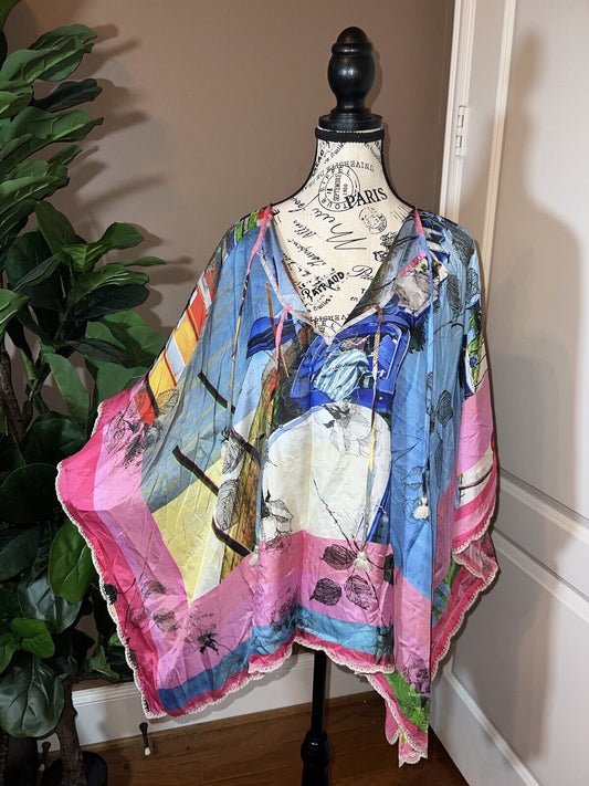 Johnny Was O/S Angelica 100% Silk Lagen One Size Tunic Blouse Poncho Cover Up