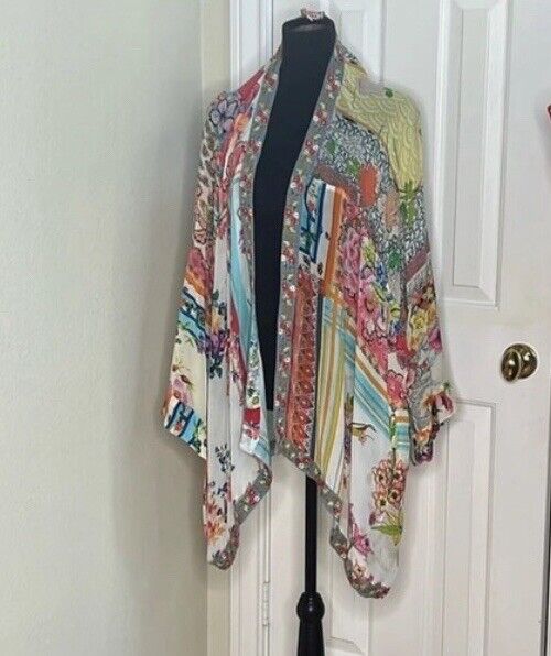 Johnny Was 3X 3XL Silky Kimono Cardigan Wrap Jacket Embroidery & Flowers