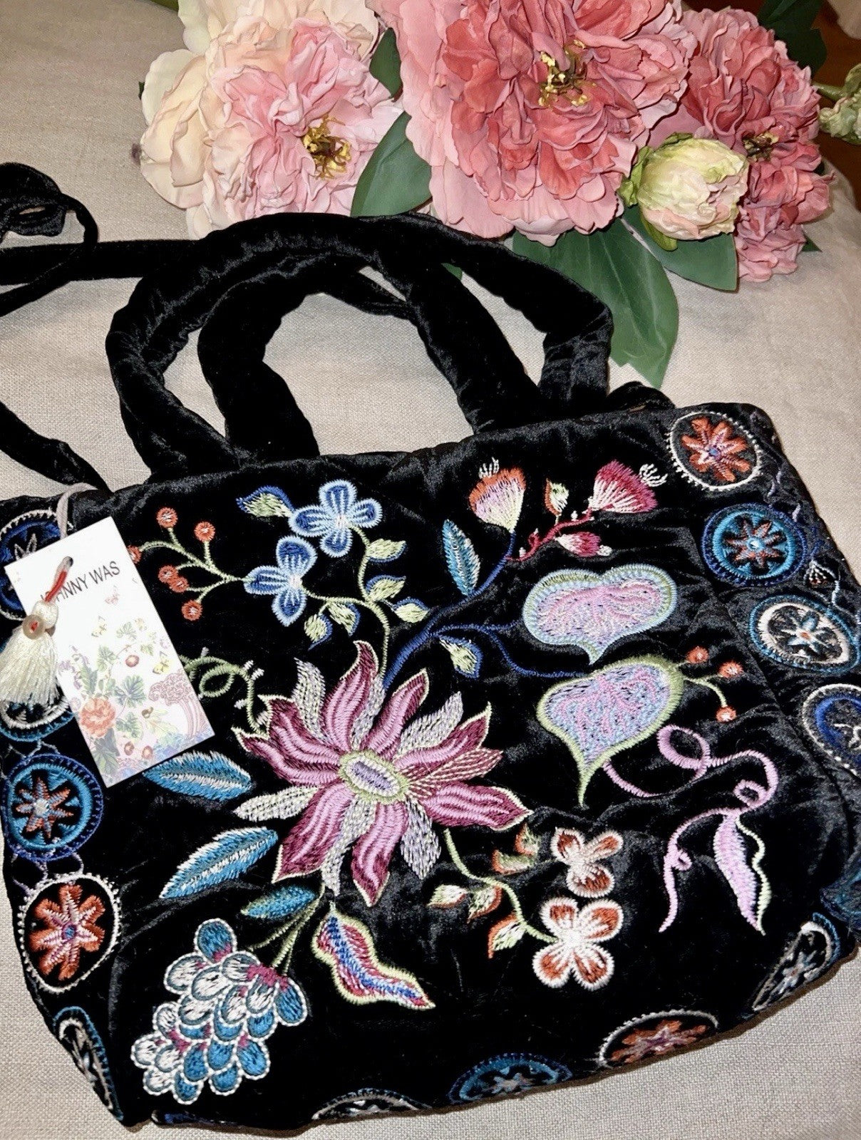 Johnny Was Black Velvet Embroidered Hobo Bag Tote Purse Crossbody Floral Johnny Was