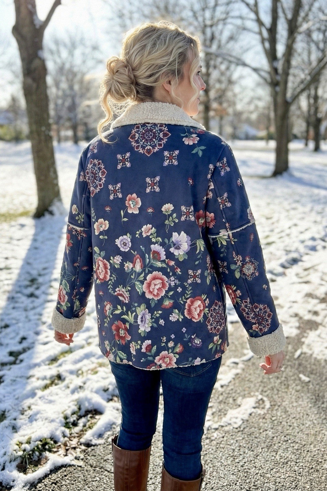 Johnny Was L Navy Blue Coat Jacket Faux Suede & Shearling Oversized Floral Johnny Was Pete & Greta