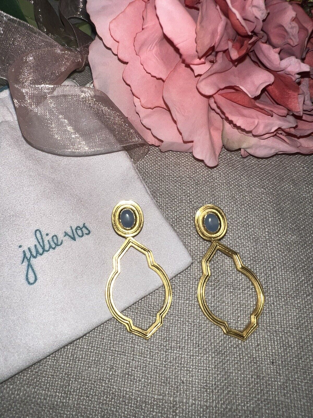 New Julie Vos AMAZING Blue Stone Statement Earrings 24k Gold Plated