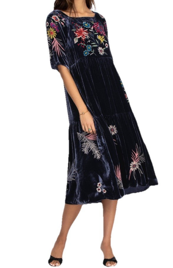 JOHNNY WAS XL Dark Midnight Blue Velvet Midi Dress Tiered Embroidered Maxi Johnny Was