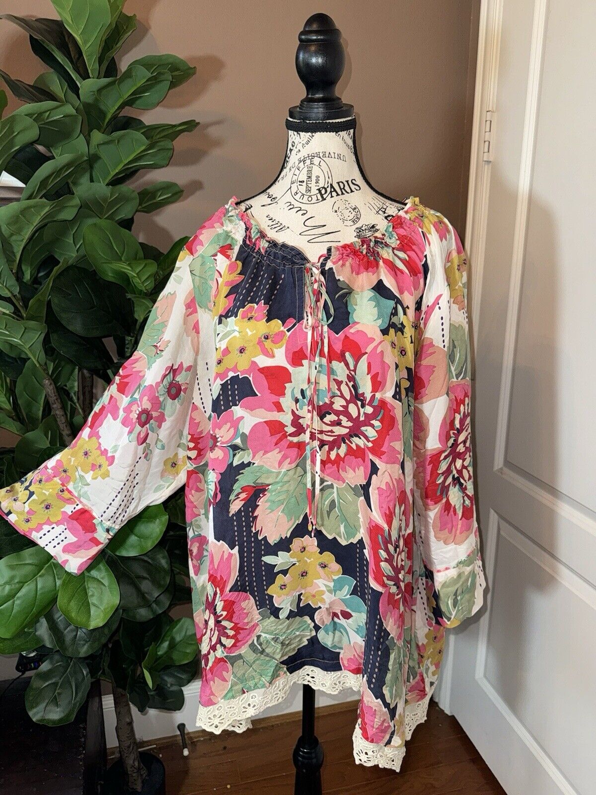 Johnny Was 3X 3XL 100% Silk Tunic Top Kimono Blue & Pink Floral Peasant RARE