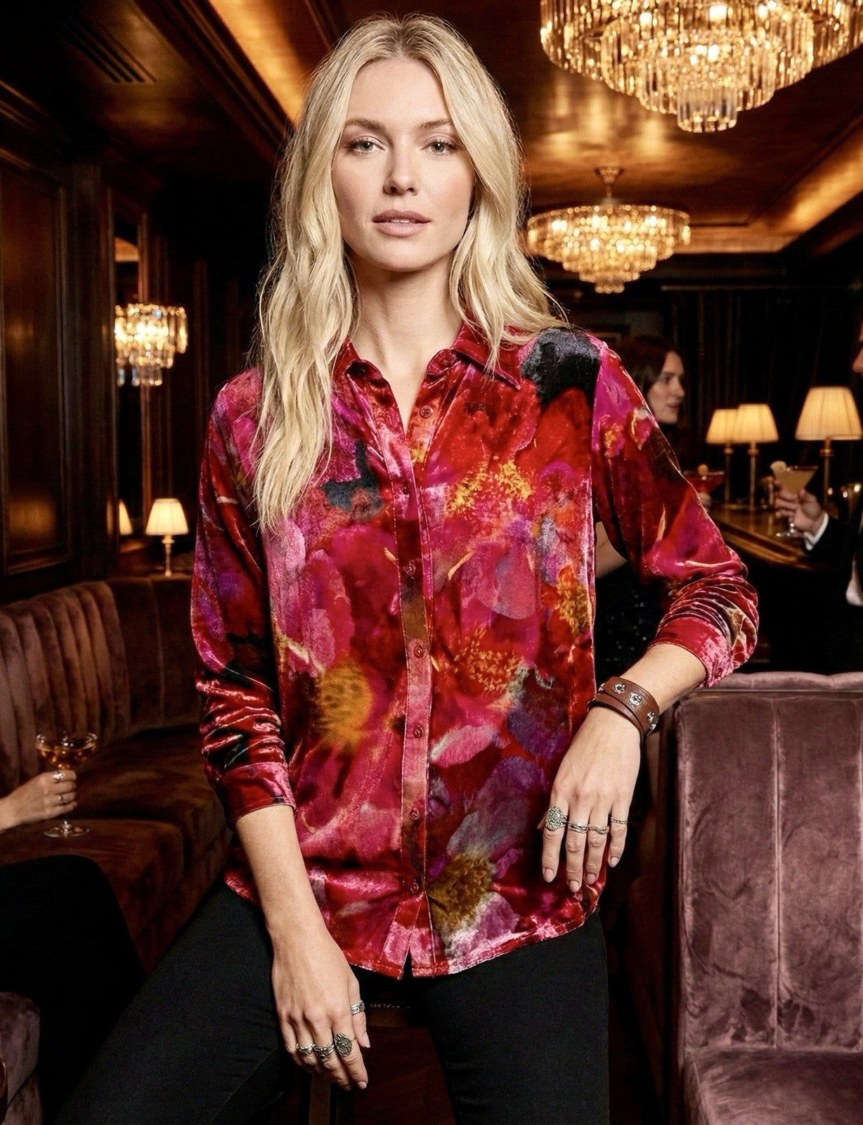 Johnny Was L Large Velvet Button Up Shirt Blouse Top Red Pink & Black Johnny Was