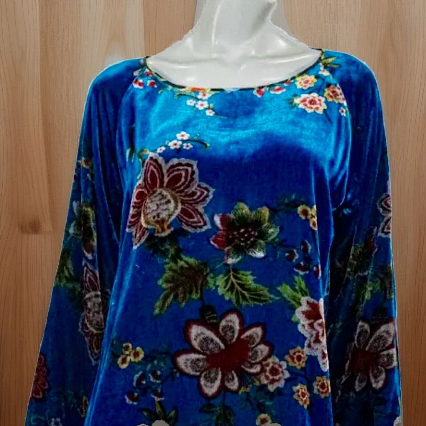 Johnny Was XL Blue Velvet Tunic Top Floral Long Sleeve Blouse Shirt Mini Dress