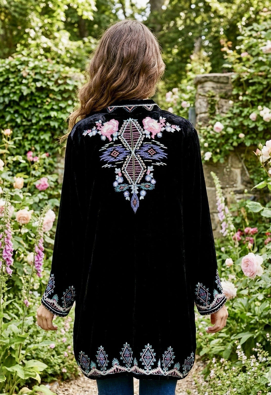 Johnny Was Black Velvet L Kimono Wrap Duster Jacket Coat Cardigan Aztec Luxury Johnny Was