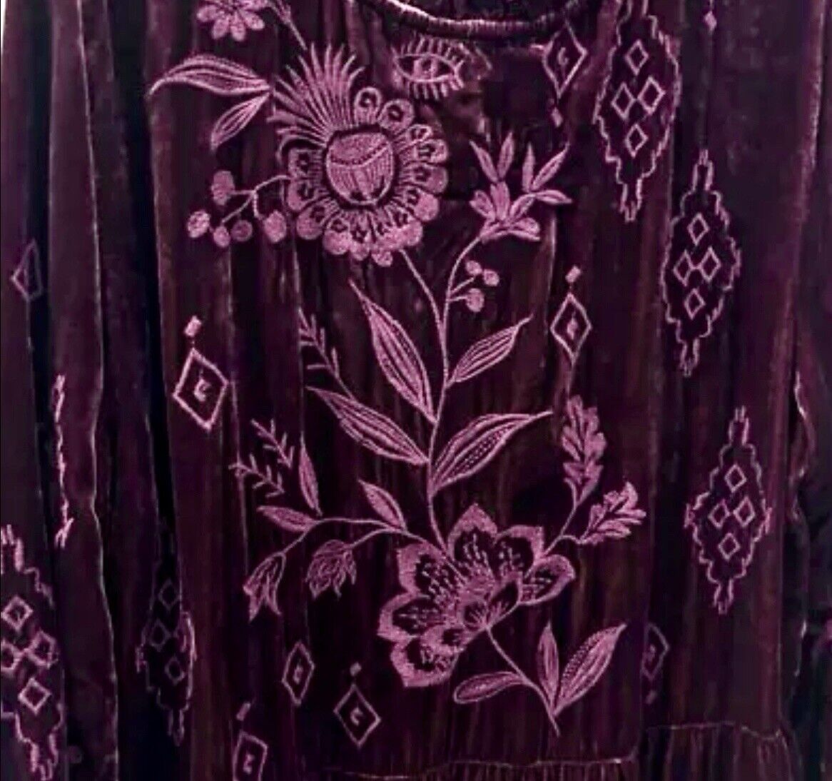 JOHNNY WAS XL VELVET Eggplant Purple Tiered Dress Peasant Top Tassels