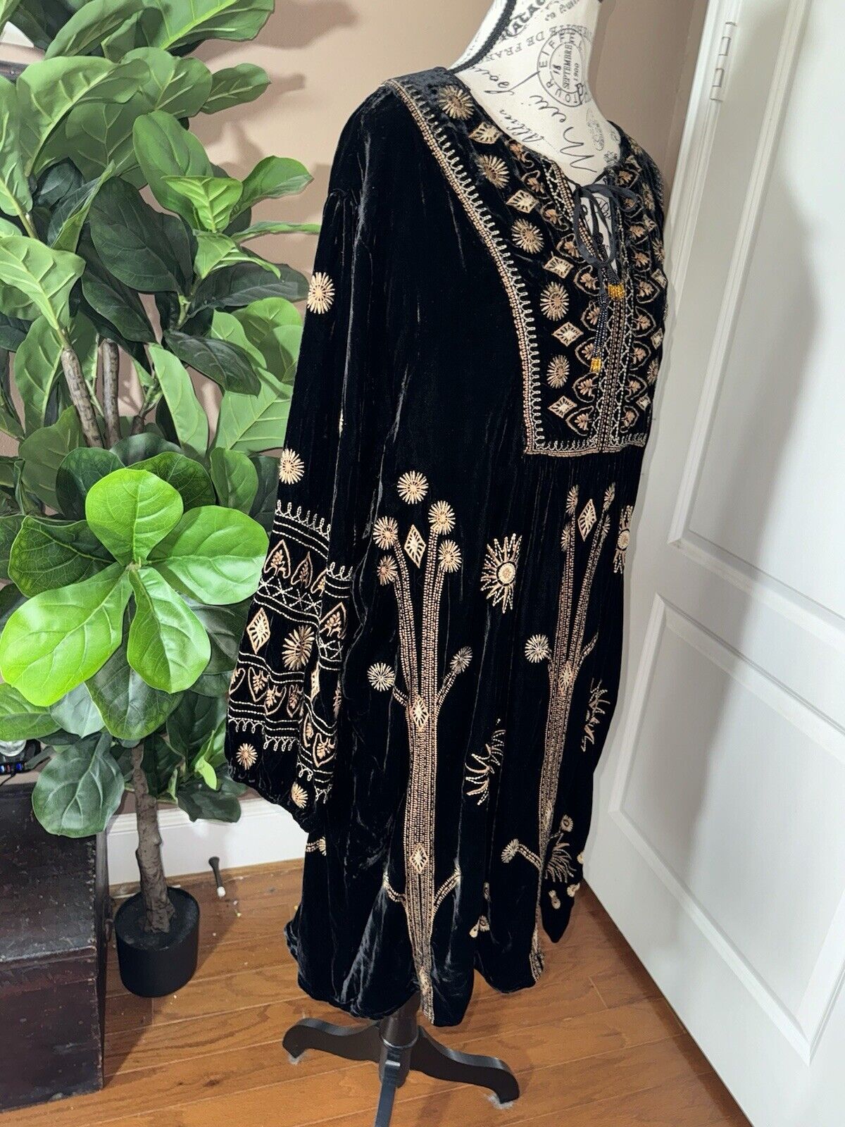 Johnny Was Sz 3X 3XL Black & Gold Velvet Kimono Mini Dress Or Tunic Top