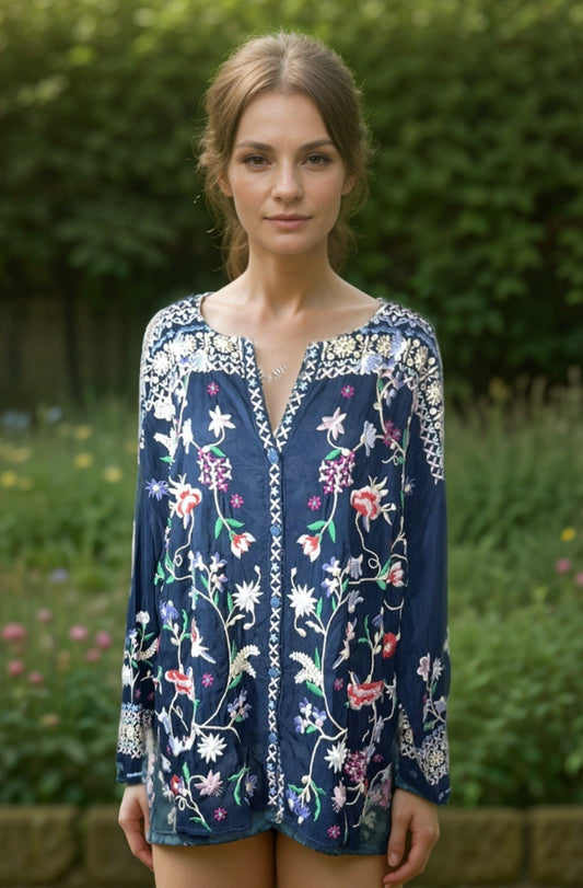 Johnny Was 1X Silky Tunic Top Peasant Blouse Shirt Embroidered Lightweight Cool Johnny Was