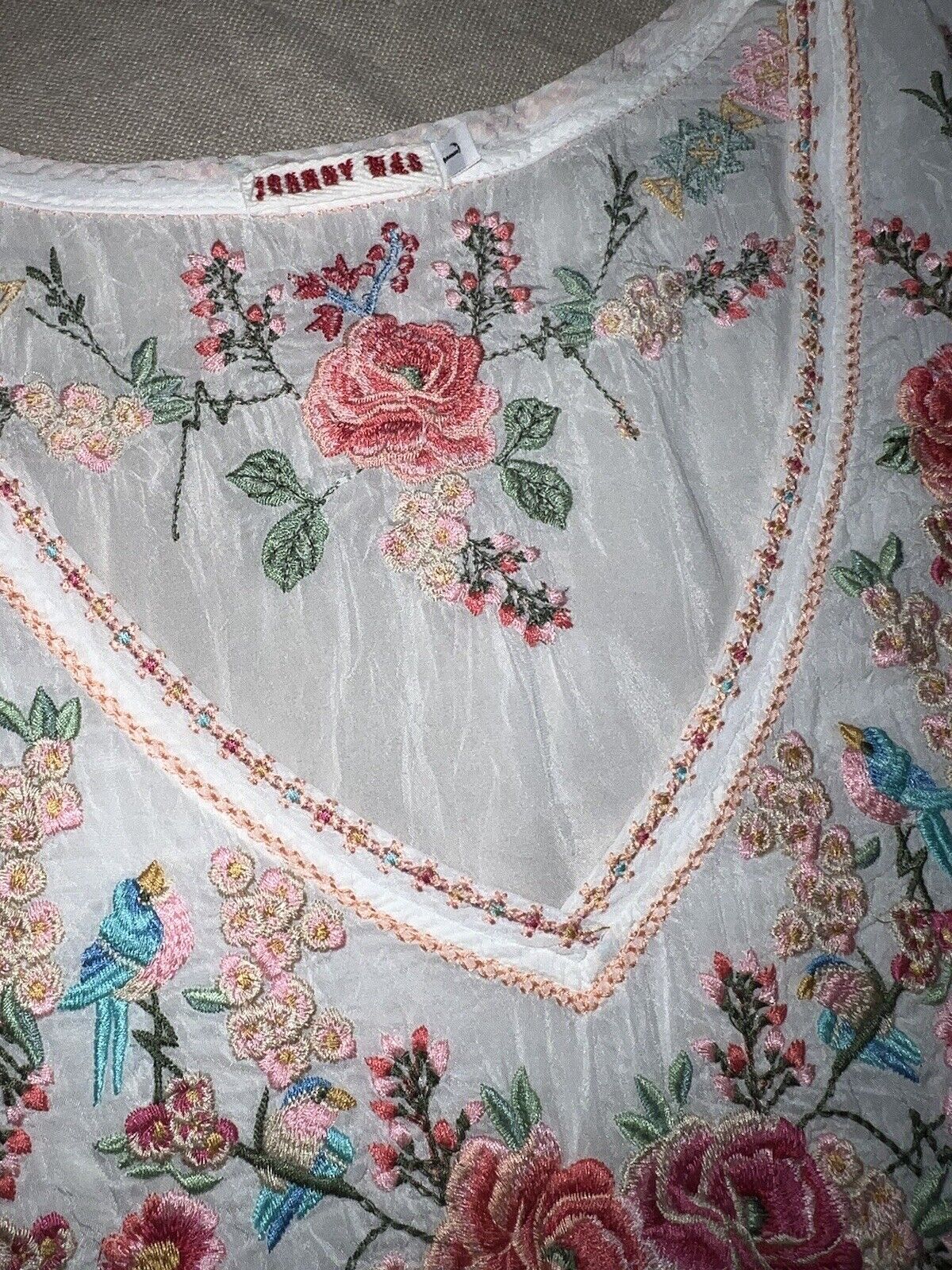 Johnny Was Silky White Embroidered Peasant Blouse Top Tunic L Large