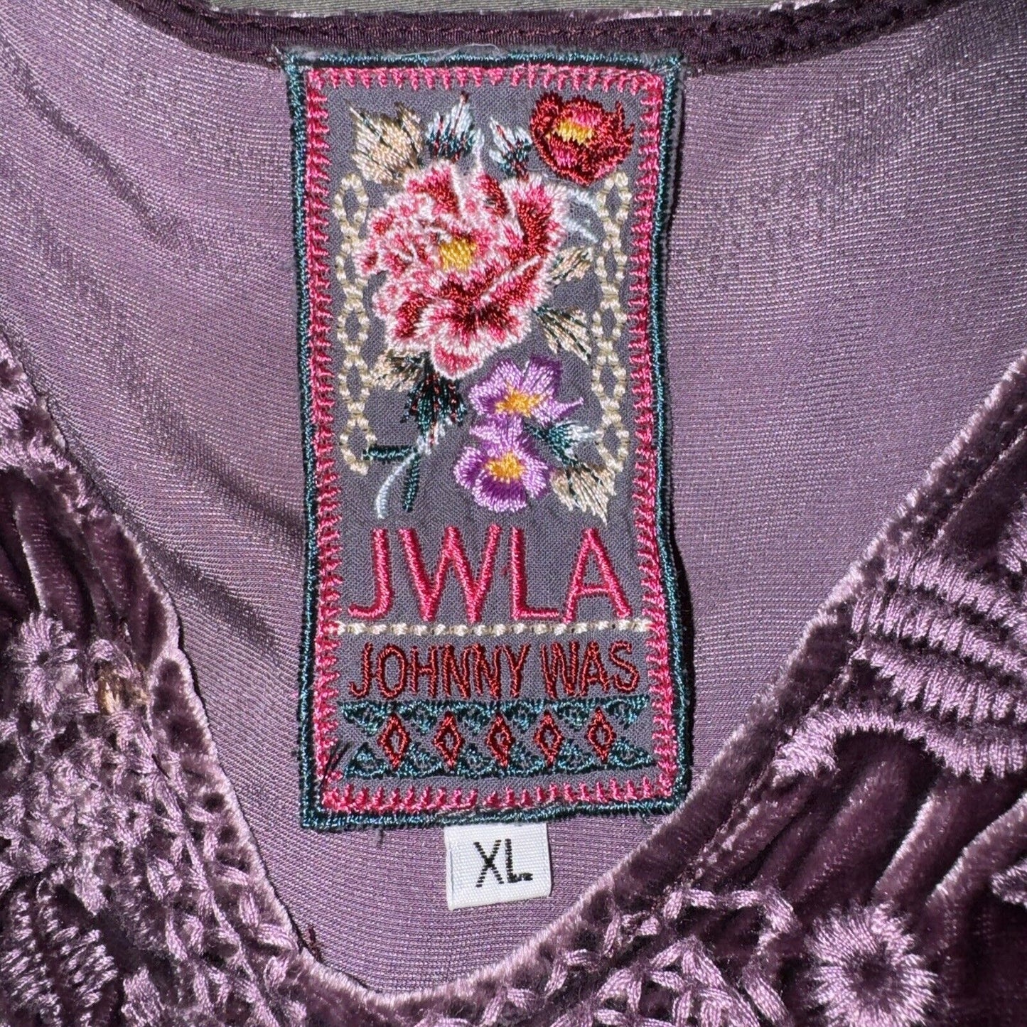 Johnny Was XL 1X Purple Plum Velvet Tunic Top Mini Dress Tonal Embroidery