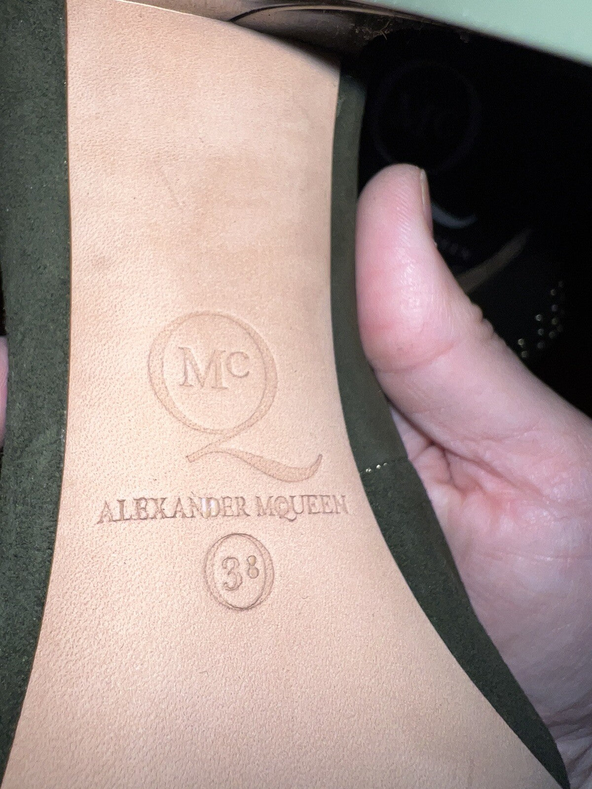 Alexander McQueen Suede Studded Heels In Military Green Sz 38 US 8 AUTHENTIC Alexander McQueen