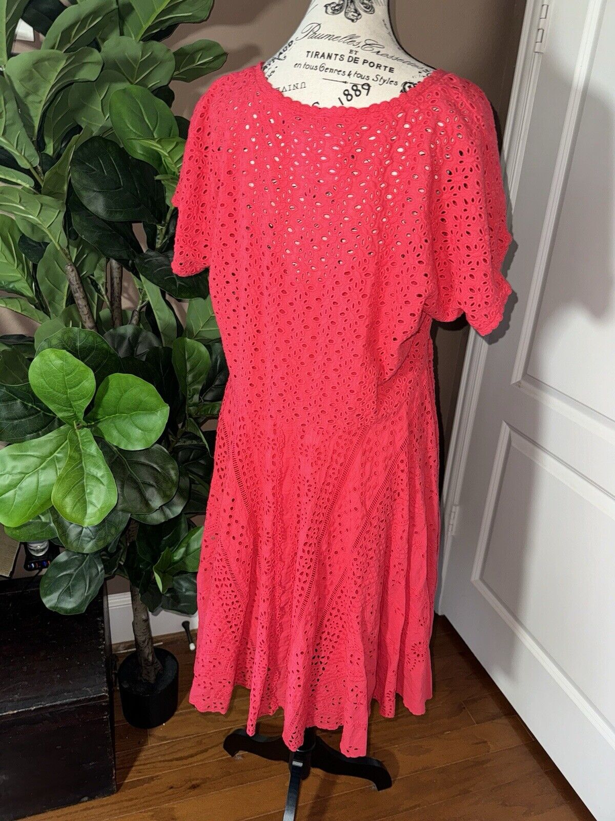 Johnny Was Sz 1X XL Red Dress & Slip Eyelet Lace Knee Length Mini Dress SO CUTE