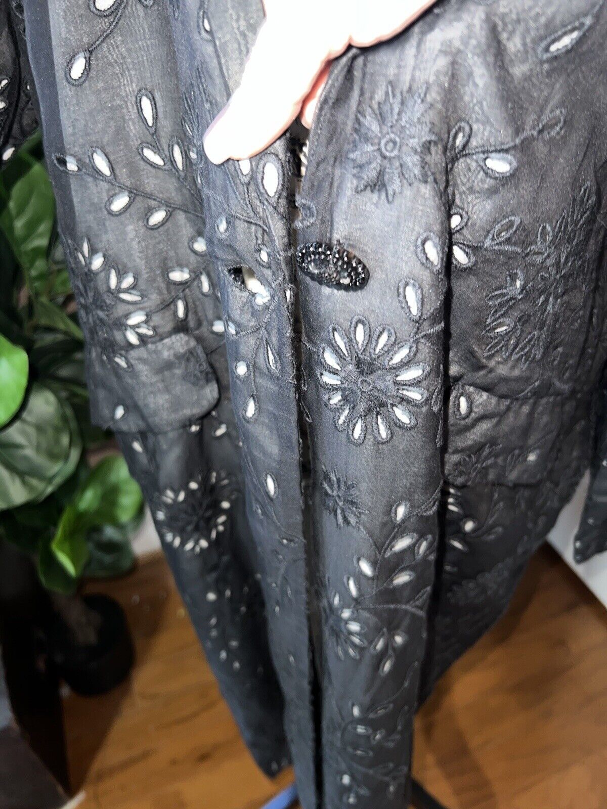 Johnny Was XL 1X Black Eyelet Lace Long Silk Kimono Duster Wrap Coat